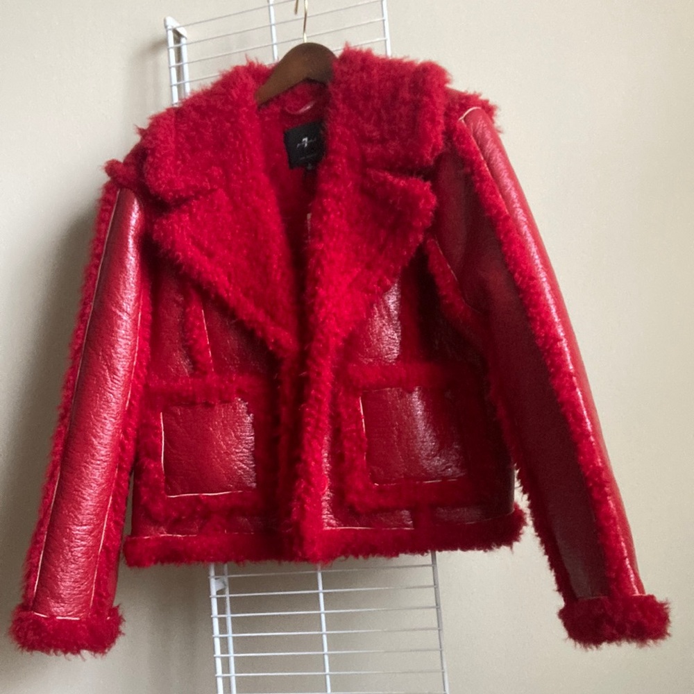 7 For All Mankind Stella Red Vegan Leather Faux Shearling Cropped Jacket ( L )